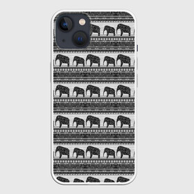 Чехол для iPhone 13 с принтом Черно белый узор слоны в Петрозаводске,  |  | африканский | монохромный узор | орнамент | полосы | серый | серый и черный | слоны | этнический