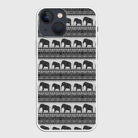 Чехол для iPhone 13 mini с принтом Черно белый узор слоны в Петрозаводске,  |  | африканский | монохромный узор | орнамент | полосы | серый | серый и черный | слоны | этнический