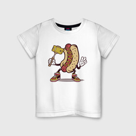 Детская футболка хлопок с принтом Хотдог сэлфи в Петрозаводске, 100% хлопок | круглый вырез горловины, полуприлегающий силуэт, длина до линии бедер | еда | прикол | сосиска | сосиска в тесте | сэлфи | фотка | хот дог | хотдог