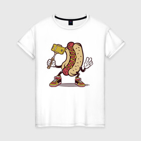 Женская футболка хлопок с принтом Хотдог сэлфи в Петрозаводске, 100% хлопок | прямой крой, круглый вырез горловины, длина до линии бедер, слегка спущенное плечо | еда | прикол | сосиска | сосиска в тесте | сэлфи | фотка | хот дог | хотдог