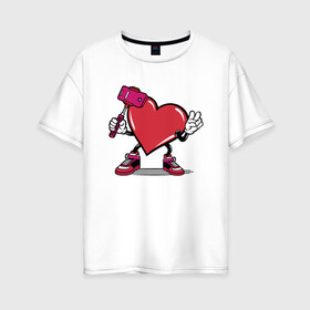 Женская футболка хлопок Oversize с принтом Сердечко сэлфи в Петрозаводске, 100% хлопок | свободный крой, круглый ворот, спущенный рукав, длина до линии бедер
 | peace | selfi | мир | сердечко | сердце | сэлфи | фотка