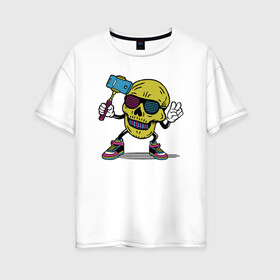 Женская футболка хлопок Oversize с принтом Череп сэлфи в Петрозаводске, 100% хлопок | свободный крой, круглый ворот, спущенный рукав, длина до линии бедер
 | peace | selfi | мир | скелет | сэлфи | фотка | череп | черепушка