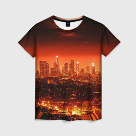 Женская футболка 3D с принтом Закат в Нью Йорке в Петрозаводске, 100% полиэфир ( синтетическое хлопкоподобное полотно) | прямой крой, круглый вырез горловины, длина до линии бедер | город | закат | красный | луна | мегаполис | месяц | нью йорк | яркий