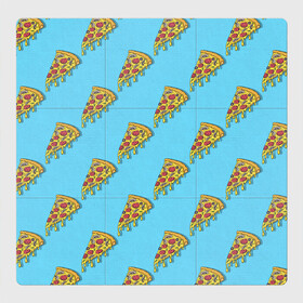 Магнитный плакат 3Х3 с принтом Пицца паттерн на голубом в Петрозаводске, Полимерный материал с магнитным слоем | 9 деталей размером 9*9 см | Тематика изображения на принте: еда | итальянская кухня | кусок пиццы | паттерн | пицца | пицца пепперони | пицца с колбасой и сыром | слайс | фаст фуд