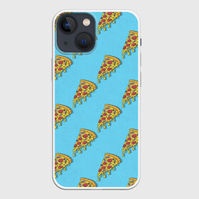 Чехол для iPhone 13 mini с принтом Пицца паттерн на голубом в Петрозаводске,  |  | Тематика изображения на принте: еда | итальянская кухня | кусок пиццы | паттерн | пицца | пицца пепперони | пицца с колбасой и сыром | слайс | фаст фуд
