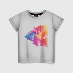 Детская футболка 3D с принтом Цветные треугольники в Петрозаводске, 100% гипоаллергенный полиэфир | прямой крой, круглый вырез горловины, длина до линии бедер, чуть спущенное плечо, ткань немного тянется | искусство | прямоугольник | пурпурный | симметрия | треугольник | цвет