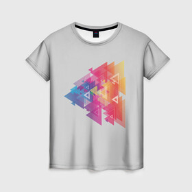 Женская футболка 3D с принтом Цветные треугольники в Петрозаводске, 100% полиэфир ( синтетическое хлопкоподобное полотно) | прямой крой, круглый вырез горловины, длина до линии бедер | искусство | прямоугольник | пурпурный | симметрия | треугольник | цвет