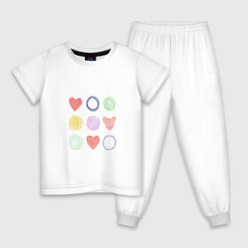 Детская пижама хлопок с принтом Цветные сердца и круги в Петрозаводске, 100% хлопок |  брюки и футболка прямого кроя, без карманов, на брюках мягкая резинка на поясе и по низу штанин
 | Тематика изображения на принте: карандаш | круги | рисование | сердце | узор