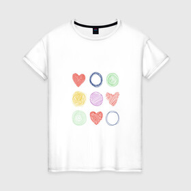 Женская футболка хлопок с принтом Цветные сердца и круги в Петрозаводске, 100% хлопок | прямой крой, круглый вырез горловины, длина до линии бедер, слегка спущенное плечо | карандаш | круги | рисование | сердце | узор
