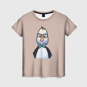 Женская футболка 3D с принтом Умная птица  в Петрозаводске, 100% полиэфир ( синтетическое хлопкоподобное полотно) | прямой крой, круглый вырез горловины, длина до линии бедер | bird | brain | scientist | голубь | мозг | очки | пингвин | птица | учёный