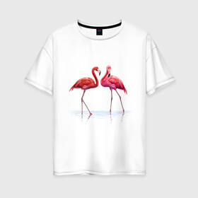 Женская футболка хлопок Oversize с принтом Фламинго пара в Петрозаводске, 100% хлопок | свободный крой, круглый ворот, спущенный рукав, длина до линии бедер
 | пара | птицы | розовые птицы | фламинго | фламинго пара