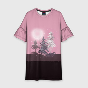 Детское платье 3D с принтом Розовое сияние  в Петрозаводске, 100% полиэстер | прямой силуэт, чуть расширенный к низу. Круглая горловина, на рукавах — воланы | Тематика изображения на принте: елка | ель | зима | коричневый и розовый | лес | луна | мозаика | мозаичный узор | новогодний | розовый | солнце | утро