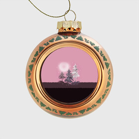 Стеклянный ёлочный шар с принтом Розовое сияние  в Петрозаводске, Стекло | Диаметр: 80 мм | елка | ель | зима | коричневый и розовый | лес | луна | мозаика | мозаичный узор | новогодний | розовый | солнце | утро