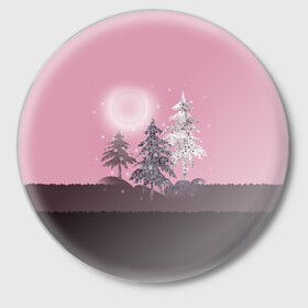 Значок с принтом Розовое сияние  в Петрозаводске,  металл | круглая форма, металлическая застежка в виде булавки | Тематика изображения на принте: елка | ель | зима | коричневый и розовый | лес | луна | мозаика | мозаичный узор | новогодний | розовый | солнце | утро