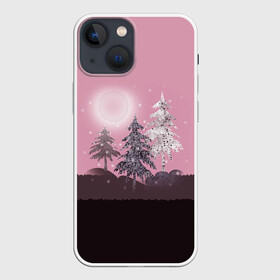 Чехол для iPhone 13 mini с принтом Розовое сияние в Петрозаводске,  |  | елка | ель | зима | коричневый и розовый | лес | луна | мозаика | мозаичный узор | новогодний | розовый | солнце | утро