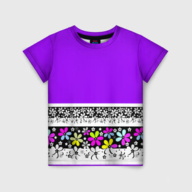 Детская футболка 3D с принтом Яркий фиолетовый цветочный  в Петрозаводске, 100% гипоаллергенный полиэфир | прямой крой, круглый вырез горловины, длина до линии бедер, чуть спущенное плечо, ткань немного тянется | детский | женский | кайма | лето | разноцветные ромашки | ромашки | фиолетовый | фиолетовый и желтый | цветочный узор | цветы