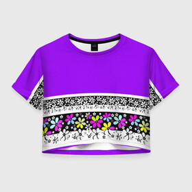 Женская футболка Crop-top 3D с принтом Яркий фиолетовый цветочный  в Петрозаводске, 100% полиэстер | круглая горловина, длина футболки до линии талии, рукава с отворотами | детский | женский | кайма | лето | разноцветные ромашки | ромашки | фиолетовый | фиолетовый и желтый | цветочный узор | цветы