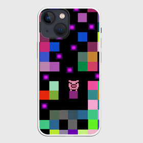 Чехол для iPhone 13 mini с принтом Arcade Pig в Петрозаводске,  |  | аркада | аркадная игра | мозайка из пикселей | разноцветные квадраты | свинка | свинья на кубе | цифровые кубики