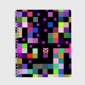 Тетрадь с принтом Arcade Pig в Петрозаводске, 100% бумага | 48 листов, плотность листов — 60 г/м2, плотность картонной обложки — 250 г/м2. Листы скреплены сбоку удобной пружинной спиралью. Уголки страниц и обложки скругленные. Цвет линий — светло-серый
 | Тематика изображения на принте: аркада | аркадная игра | мозайка из пикселей | разноцветные квадраты | свинка | свинья на кубе | цифровые кубики