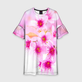 Детское платье 3D с принтом Весеннее цветение вишни в Петрозаводске, 100% полиэстер | прямой силуэт, чуть расширенный к низу. Круглая горловина, на рукавах — воланы | Тематика изображения на принте: бутоны | весна | девушкам | красивые | розовые | сакура | цветение | цветы | яблоня