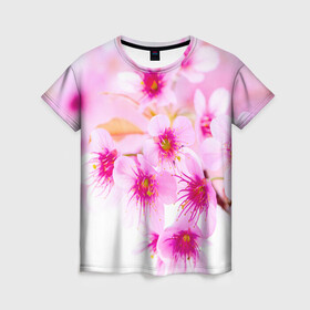 Женская футболка 3D с принтом Весеннее цветение вишни в Петрозаводске, 100% полиэфир ( синтетическое хлопкоподобное полотно) | прямой крой, круглый вырез горловины, длина до линии бедер | бутоны | весна | девушкам | красивые | розовые | сакура | цветение | цветы | яблоня
