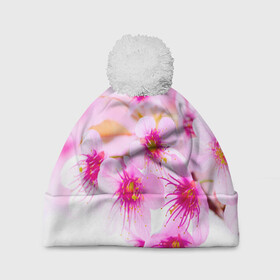Шапка 3D c помпоном с принтом Весеннее цветение вишни в Петрозаводске, 100% полиэстер | универсальный размер, печать по всей поверхности изделия | Тематика изображения на принте: бутоны | весна | девушкам | красивые | розовые | сакура | цветение | цветы | яблоня
