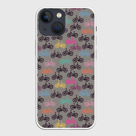Чехол для iPhone 13 mini с принтом Цветные велосипеды паттерн в Петрозаводске,  |  | Тематика изображения на принте: велосипеды | велоспорт | горные велосипеды | паттерн | спортивные велосипеды | спортивный | цветной принт