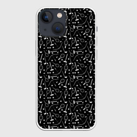 Чехол для iPhone 13 mini с принтом Черно белый спортивный узор в Петрозаводске,  |  | клюшка | лук | молодежный | монохромный | мяч | поло | ракетка | спортивный инвентарь | стрелы