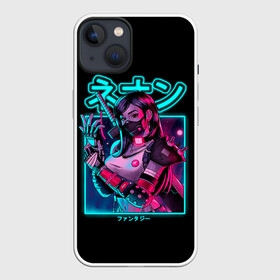 Чехол для iPhone 13 с принтом Neon girl в Петрозаводске,  |  | anime | girl | hieroglyphs | katana | neon | samurai | аниме | девушка | иероглифы | катана | неон | самурай