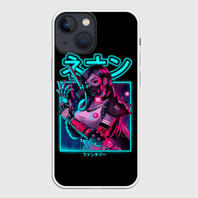 Чехол для iPhone 13 mini с принтом Neon girl в Петрозаводске,  |  | anime | girl | hieroglyphs | katana | neon | samurai | аниме | девушка | иероглифы | катана | неон | самурай