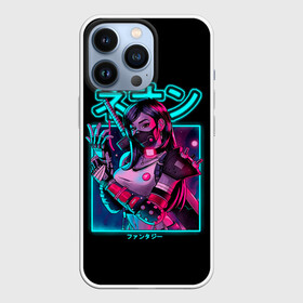 Чехол для iPhone 13 Pro с принтом Neon girl в Петрозаводске,  |  | anime | girl | hieroglyphs | katana | neon | samurai | аниме | девушка | иероглифы | катана | неон | самурай