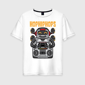 Женская футболка хлопок Oversize с принтом Улыбающийся робот в Петрозаводске, 100% хлопок | свободный крой, круглый ворот, спущенный рукав, длина до линии бедер
 | hip hоp | динамики | магнитофон | молния | робот | уличный стиль