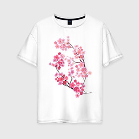 Женская футболка хлопок Oversize с принтом Цветение вишни в Петрозаводске, 100% хлопок | свободный крой, круглый ворот, спущенный рукав, длина до линии бедер
 | ветки | веточка | вишня | сакура | цветение вишни | цветы