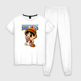 Женская пижама хлопок с принтом Малыш Луффи One Piece в Петрозаводске, 100% хлопок | брюки и футболка прямого кроя, без карманов, на брюках мягкая резинка на поясе и по низу штанин | anime | manga | monkey d. luffy | one piece | аниме | большой куш | ван пис | вон пис | капитан | король пиратов | луси | луфи | луффи | луффи но уми | луффи таро | манга | манки д. луффи | мугивара | пират | пятый император