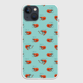 Чехол для iPhone 13 с принтом Креветки паттерн в Петрозаводске,  |  | sea food | вареные креветки | винтажный стиль | голубо зеленый цвет | горошек | еда | креветки | морепродукты | морские гады | оранжевый | паттерн | цвет тиффани