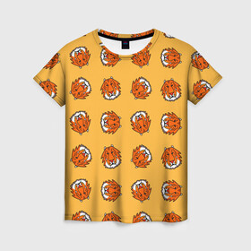 Женская футболка 3D с принтом Тигры паттерн в Петрозаводске, 100% полиэфир ( синтетическое хлопкоподобное полотно) | прямой крой, круглый вырез горловины, длина до линии бедер | дикие животные | желтый | иллюстрация | крупные кошки | крупный рисунок | паттерн | песочный цвет | рисунок | рыжий | сафари | тигры