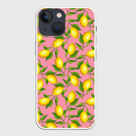 Чехол для iPhone 13 mini с принтом Лимоны паттерн в Петрозаводске,  |  | ботаника | еда | желтые лимоны | иллюстрация | летний принт | лето | лимоны | паттерн | рисунок | розовый цвет | фрукты