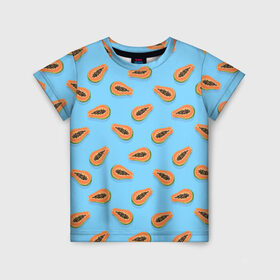 Детская футболка 3D с принтом Папайа паттерн в Петрозаводске, 100% гипоаллергенный полиэфир | прямой крой, круглый вырез горловины, длина до линии бедер, чуть спущенное плечо, ткань немного тянется | вегетарианец | еда | зож | иллюстрация | летний принт | папайа | паттерн | правильное питание | рисунок | фрукты