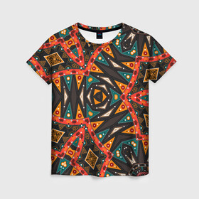 Женская футболка 3D с принтом Абстрактный арабский узор  в Петрозаводске, 100% полиэфир ( синтетическое хлопкоподобное полотно) | прямой крой, круглый вырез горловины, длина до линии бедер | абстрактный | арабский | восточный | геометрические фигуры | заплатки | коричневый | оранжевый | орнамент | пэчворк | современный