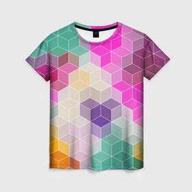 Женская футболка 3D с принтом Абстрактный разноцветный узор  в Петрозаводске, 100% полиэфир ( синтетическое хлопкоподобное полотно) | прямой крой, круглый вырез горловины, длина до линии бедер | абстрактный | бирюзовый | бордовый | геометрические фигуры | модный | розовый | ромбы | современный