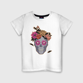 Детская футболка хлопок с принтом День мертвых Мексика в Петрозаводске, 100% хлопок | круглый вырез горловины, полуприлегающий силуэт, длина до линии бедер | calavera | sugar skull | день мертвых | иллюстрация | калавера | мексика | мексиканская вечеринка | мехико | рисунок | цветы | череп | череп с цветами