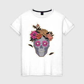 Женская футболка хлопок с принтом День мертвых Мексика в Петрозаводске, 100% хлопок | прямой крой, круглый вырез горловины, длина до линии бедер, слегка спущенное плечо | calavera | sugar skull | день мертвых | иллюстрация | калавера | мексика | мексиканская вечеринка | мехико | рисунок | цветы | череп | череп с цветами