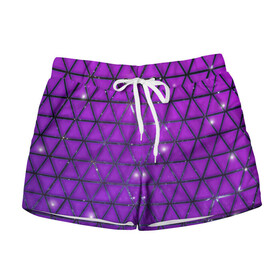 Женские шорты 3D с принтом Фиолетовые треугольники в Петрозаводске, 100% полиэстер | прямой крой, два кармана без застежек по бокам. Мягкая трикотажная резинка на поясе, внутри которой широкие завязки. Длина до середины бедра | purple | абстракция | звезды | космос | треугольник