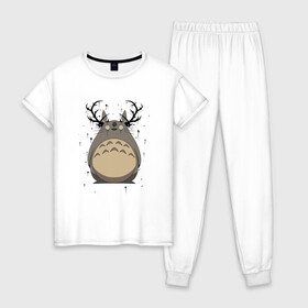 Женская пижама хлопок с принтом Totoro Deer в Петрозаводске, 100% хлопок | брюки и футболка прямого кроя, без карманов, на брюках мягкая резинка на поясе и по низу штанин | deer | ghibli | japan | nature | neigbor | neighbour | totoro | анимация | аниме | гибли | друг | животные | лес | милый | мир | миядзаки | мой сосед тоторо | мульт | мультфильм | олень | природа | сосед | тоторо | хаяо | хранитель