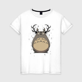 Женская футболка хлопок с принтом Totoro Deer в Петрозаводске, 100% хлопок | прямой крой, круглый вырез горловины, длина до линии бедер, слегка спущенное плечо | deer | ghibli | japan | nature | neigbor | neighbour | totoro | анимация | аниме | гибли | друг | животные | лес | милый | мир | миядзаки | мой сосед тоторо | мульт | мультфильм | олень | природа | сосед | тоторо | хаяо | хранитель