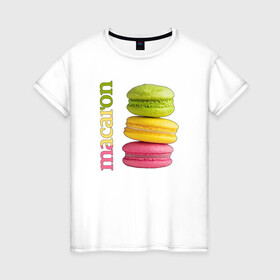 Женская футболка хлопок с принтом Macaron в Петрозаводске, 100% хлопок | прямой крой, круглый вырез горловины, длина до линии бедер, слегка спущенное плечо | вкус | лакомство | пирожное | сладость | цвет