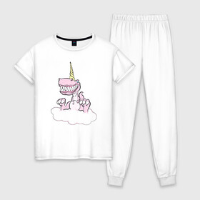 Женская пижама хлопок с принтом Динорог в Петрозаводске, 100% хлопок | брюки и футболка прямого кроя, без карманов, на брюках мягкая резинка на поясе и по низу штанин | динозавр | зубы | нежность | облако | рог