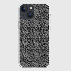 Чехол для iPhone 13 mini с принтом Черно белый ажурный узор в Петрозаводске,  |  | абстрактные цветы | абстрактный узор | ажурный | для женщин | кружевные цветы | модный | цветочный | цветы | черный и белый