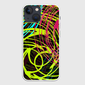 Чехол для iPhone 13 mini с принтом Разноцветные спирали в Петрозаводске,  |  | абстрактный | желтый | круги | модный | молодежный | разводы | разноцветная абстракция | розовый | современный | спирали | черный