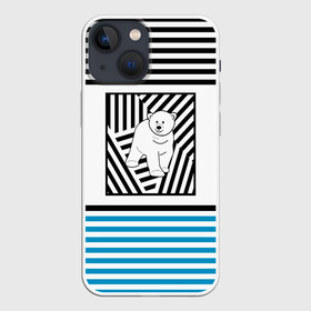 Чехол для iPhone 13 mini с принтом Белый медведь . в Петрозаводске,  |  | белый медведь | детский | зима | медведь | новый год | полосатый узор | полосы | синий полосы | черные полосы